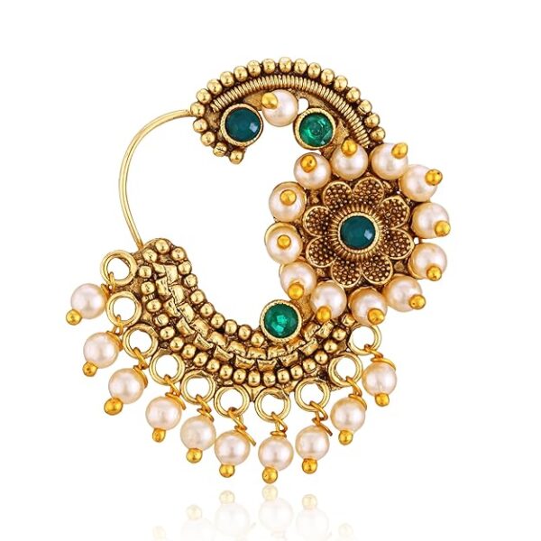 Vighnaharta Gold Plated Green Om shape Moti Pearls with and CZ stone Alloy Maharashtrian Cultural Nath Nathiya./ Nose Pin for women[VFJ1250NTH-TAR