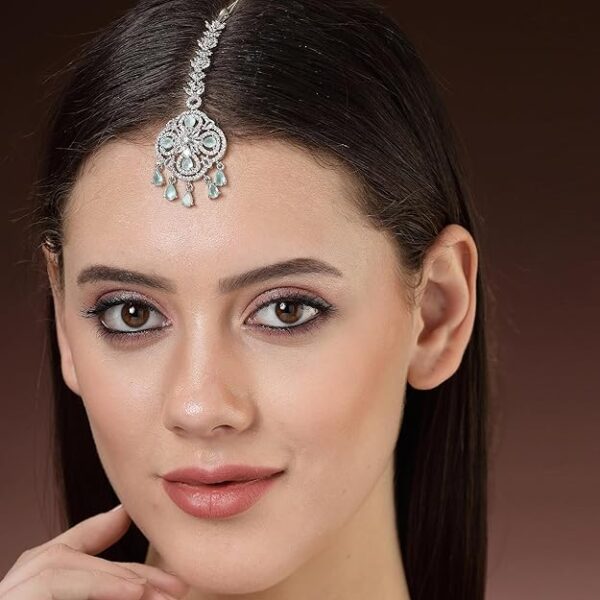 Zeneme Floral Brass Maang Tikka for Wedding Rhodium Plated American Diamond Studded Silver Toned Maang Tikka for Women & Gift For Girls - Image 4