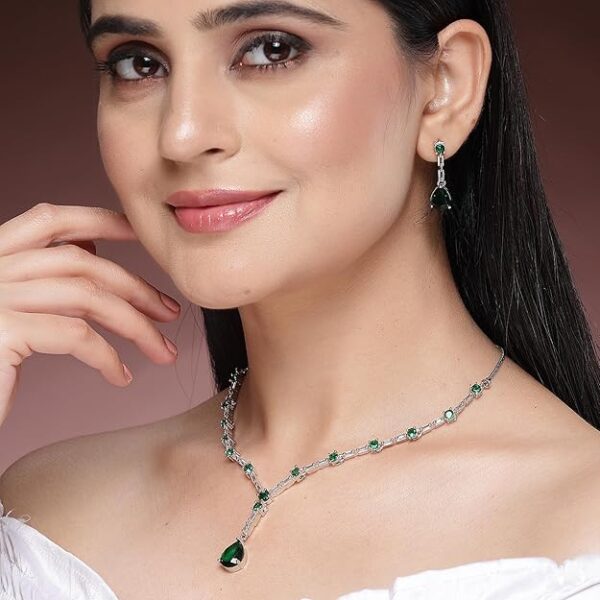 ZENEME Jewelry Luxury Green American Diamond Crytal Sleek Silver Plated Necklace Jewellery Set For Women & GIfts For Girls - Image 7