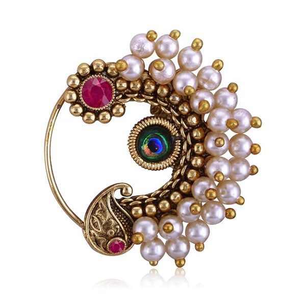 Vighnaharta Multi CZ stone and Pearls moti Nath Nathiya./ Nose Pin for women VFJ1274NTH-PRESS