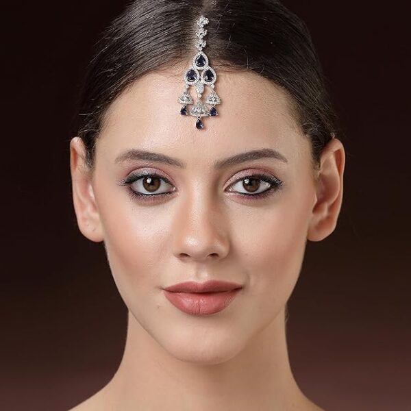 Zeneme Silver Plated Maang Tikka for Women Beautiful AD/American Diamond Studded Rhodium Plated Crystal Maang Tikka for Women and Girls - Image 3