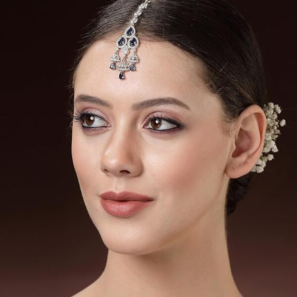 Zeneme Silver Plated Maang Tikka for Women Beautiful AD/American Diamond Studded Rhodium Plated Crystal Maang Tikka for Women and Girls - Image 5