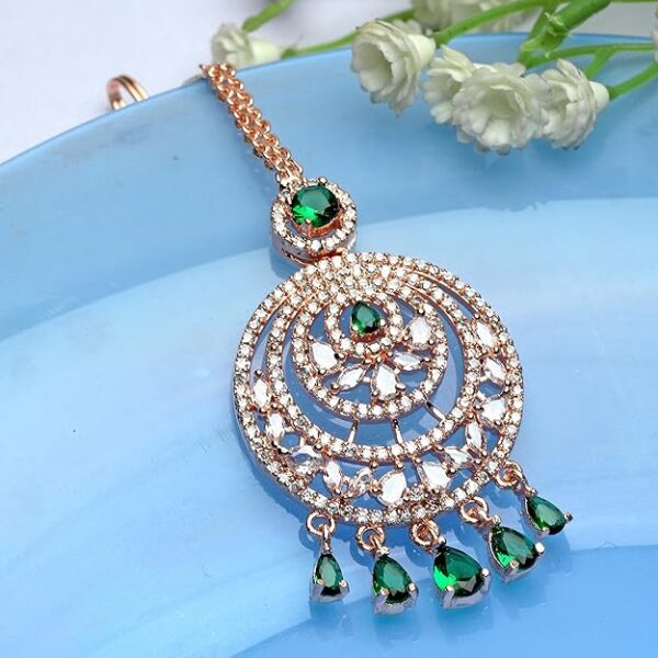Zeneme Maang Tikka for Women Beautiful AD/American Diamond Studded Rose Gold Plated Crystal Maang Tikka for Women and Girls - Image 5