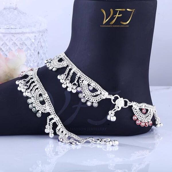 VFJ VIGHNAHARTA FASHION JEWELLERY Traditional Rhodium Plated Anklets Payal Pair for Women Girls [VFJ1026PYL] - Image 2