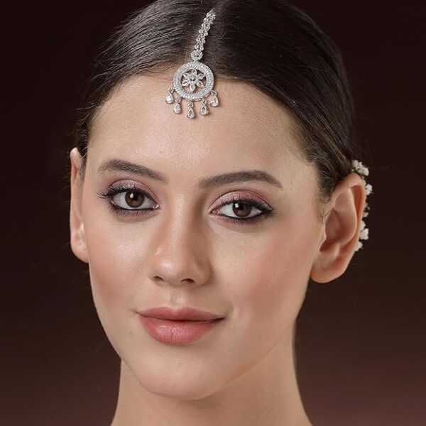 Zeneme Elegant Silver Plated Beautiful American Diamond & CZ Studded Crystal Maang Tikka for Women and Girls - Image 3