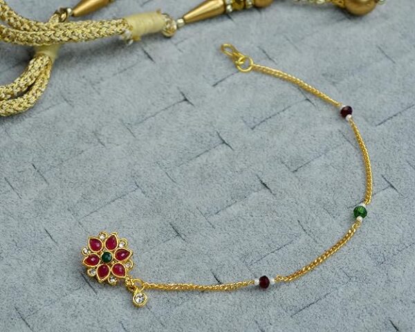 KYOOT JEWELS Traditional Gold-Plated Bridal Nath Cubic zirconia, Ruby Stone & Emerald Studded Gold Chain Non-Pierced Clip-on Nathiya For Women and Girls - Image 2