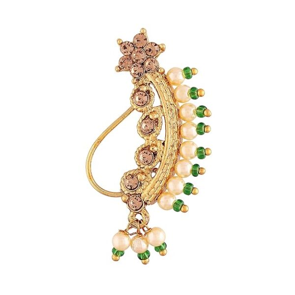 I Jewels 18k Gold Plated Traditional Ethnic Bridal Maharashtrian Nose Ring/Nath without piercing Encased with Pearl Stone for Women/Girls (NL45)