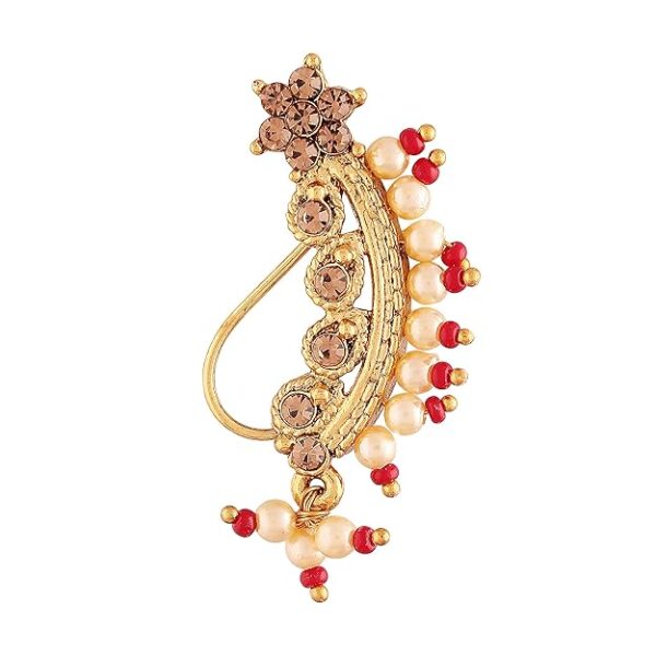 I Jewels 18k Gold Plated Traditional Ethnic Bridal Maharashtrian Nose Ring/Nath without piercing Encased with Pearl Stone for Women/Girls (NL45)