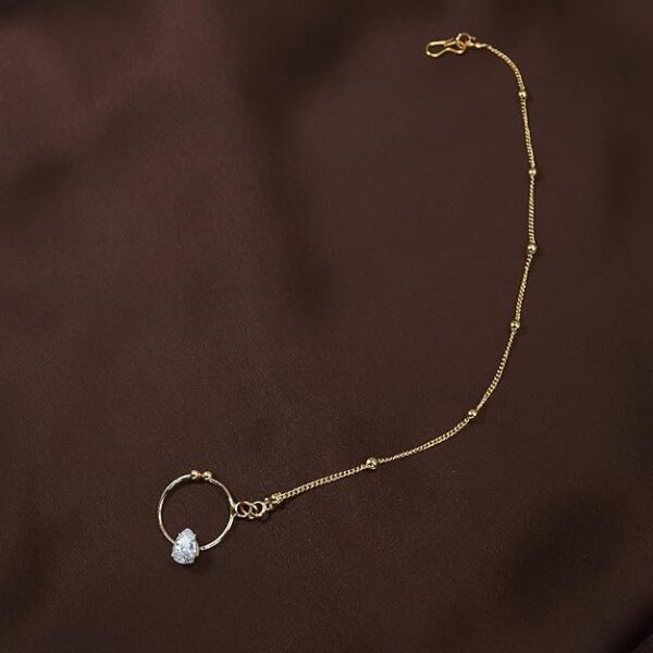 I Jewels 18k Gold Plated Traditional Ethnic Bridal Nose Ring/Nath without piercing with Pearl Chain Encased with Stone for Women/Girls (NL44) - Image 4