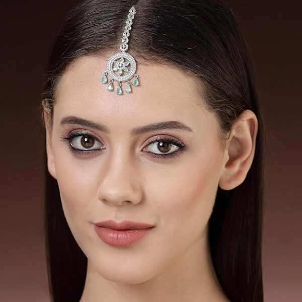 Zeneme Elegant Silver Plated Beautiful American Diamond & CZ Studded Crystal Maang Tikka for Women and Girls - Image 6