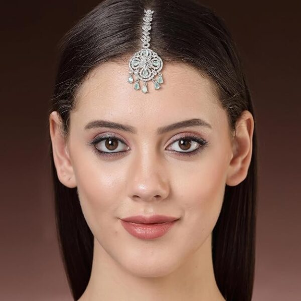 Zeneme Floral Brass Maang Tikka for Wedding Rhodium Plated American Diamond Studded Silver Toned Maang Tikka for Women & Gift For Girls - Image 6