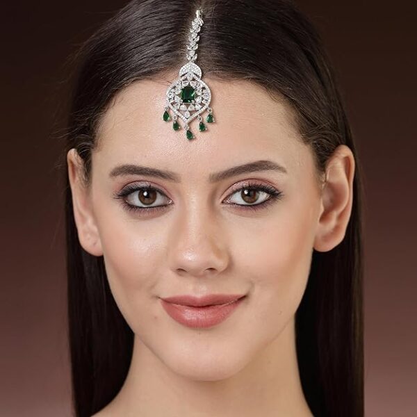 Zeneme Sparkling American Diamond Maang Tikka for Women | Elegant Floral Design Silver Plated Maang Tikka for Wedding - Traditional Head Jewellery for Women - Image 5