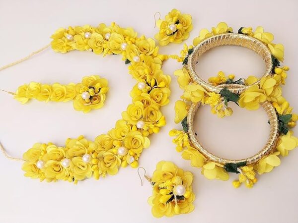 BengCraft Artificial Flower Jewellery for Haldi Mehndi, Floral Jewellery Set for Bride, Women's Yellow Bridal Jewellery Set - Image 3
