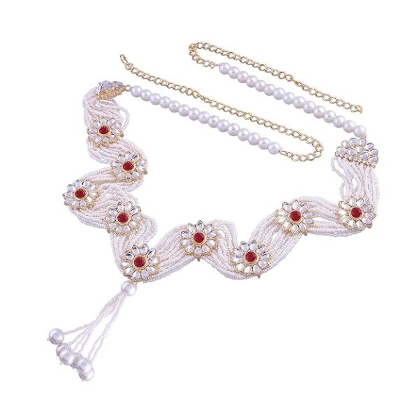 I Jewels 18K Gold Plated Traditional Ethnic Floral Design Kundan And Stone Studded Adjustable Pearl Kamarband/Belly Chain/Kandora/Wait Belt For Women (B038)