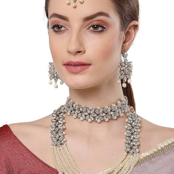 ZENEME Jewellery Sets for Women Gold Plated Bridal Long Necklace Set Neck Choker with Earrings and Maang Tikka for Women & Girls - Image 4