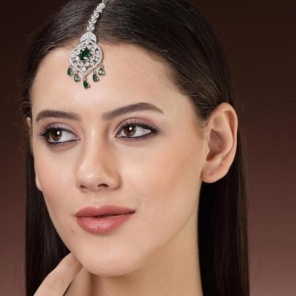 Zeneme Sparkling American Diamond Maang Tikka for Women | Elegant Floral Design Silver Plated Maang Tikka for Wedding - Traditional Head Jewellery for Women - Image 3