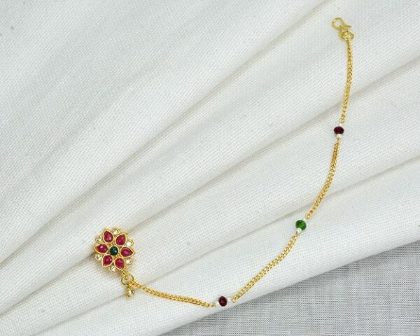 KYOOT JEWELS Traditional Gold-Plated Bridal Nath Cubic zirconia, Ruby Stone & Emerald Studded Gold Chain Non-Pierced Clip-on Nathiya For Women and Girls - Image 5