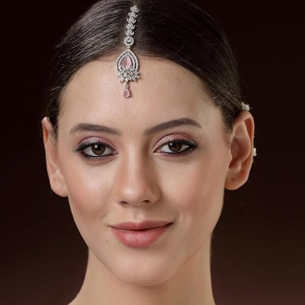 Zeneme Rhodium Plated Designer American Diamonad Tear Drop Crytal Studded Silver Toned Maang Tikka for Women and Gifts for Girls - Image 5