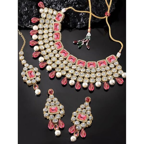 Peora Crystal Choker Necklace with Maang Tikka Earrings Indian Traditional Bridal Wedding Jewellery Set for Women - Image 5