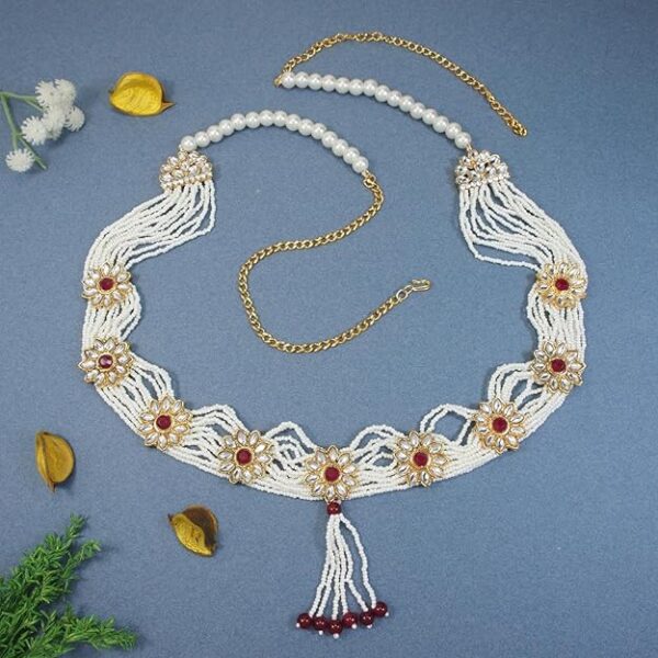 I Jewels 18K Gold Plated Traditional Ethnic Floral Design Kundan And Stone Studded Adjustable Pearl Kamarband/Belly Chain/Kandora/Wait Belt For Women (B038) - Image 3