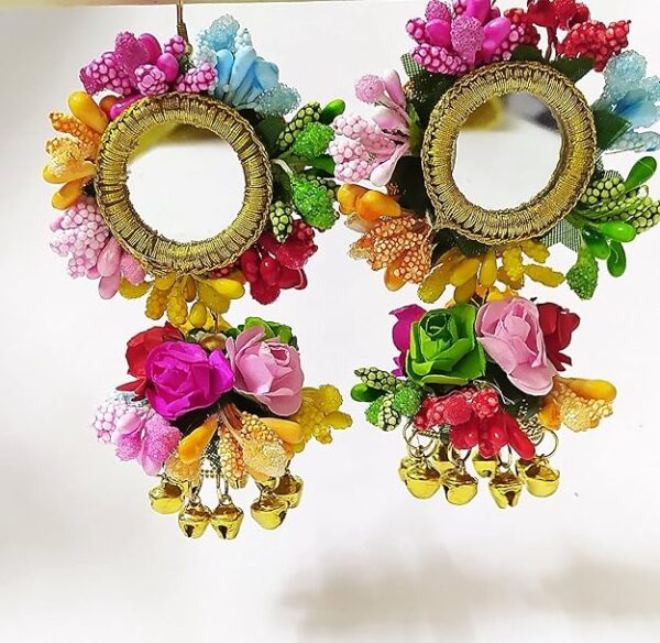 brand name Women's Artificial Flower Mirror Jewellery Set For Bride Haldi Mehandi Wedding & other Function (Multicolour) - Image 7