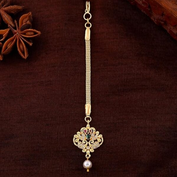 Estele CZ Entwined Peacock Designer Maang Tikka with Pearls for Girls & Women's - Image 6
