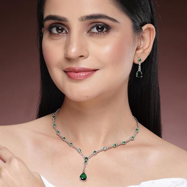ZENEME Jewelry Luxury Green American Diamond Crytal Sleek Silver Plated Necklace Jewellery Set For Women & GIfts For Girls - Image 5