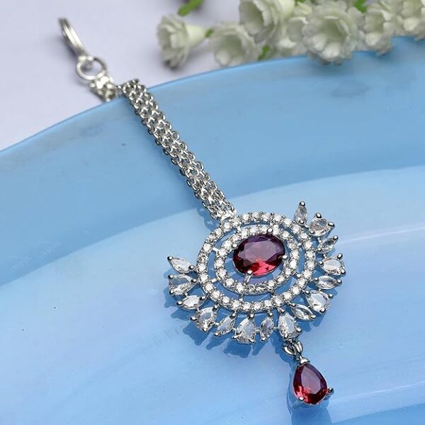 Zeneme Maang Tikka for Women Beautiful AD/American Diamond Studded Rose Gold Plated Crystal Maang Tikka for Women and Girls - Image 4