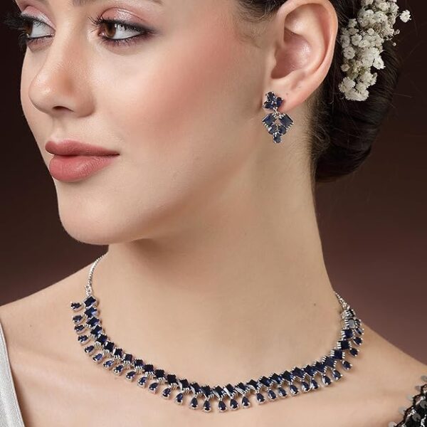 ZENEME Rhodium-Plated Silver Toned Pear Shaped American Diamond Studded Necklace with Earrings Jewellery Set with Girls and Women - Image 4
