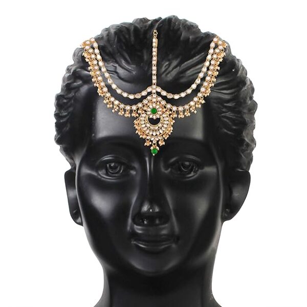 I Jewels Gold Plated Traditional Kundan & Pearl Matha Patti/Maang Tikka for Women (T2014) - Image 2