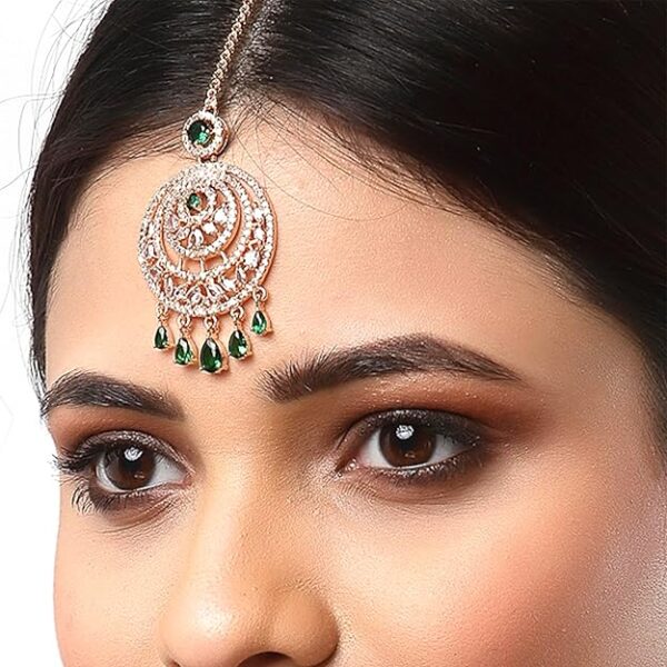 Zeneme Maang Tikka for Women Beautiful AD/American Diamond Studded Rose Gold Plated Crystal Maang Tikka for Women and Girls - Image 4