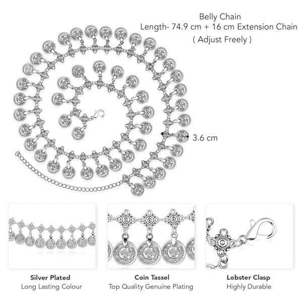 Peora Silver Plated Coin Tassel Kamarband Fancy Dress Belt Belly Chain Contemporary Jewellery for Women & Girls - Image 4