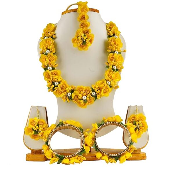BengCraft Artificial Flower Jewellery for Haldi Mehndi, Floral Jewellery Set for Bride, Women's Yellow Bridal Jewellery Set