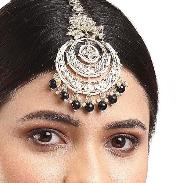 Zeneme 18K Gold Plated Traditional Kundan Studded with Pearls Maang Tikka for Women/Girls - Image 6