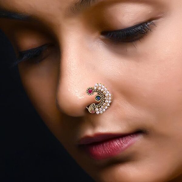 Vighnaharta Multi CZ stone and Pearls moti Nath Nathiya./ Nose Pin for women VFJ1274NTH-PRESS - Image 3
