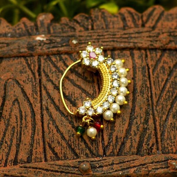 JEWELOPIA Maharashtrian Nath CZ Nose pin Traditional Bridal Nath Wedding Jewellery Marathi AD Nose Stud non piercing Pearl Gold Plated Clip On Press Nath Nose Ring For Girls - Image 2