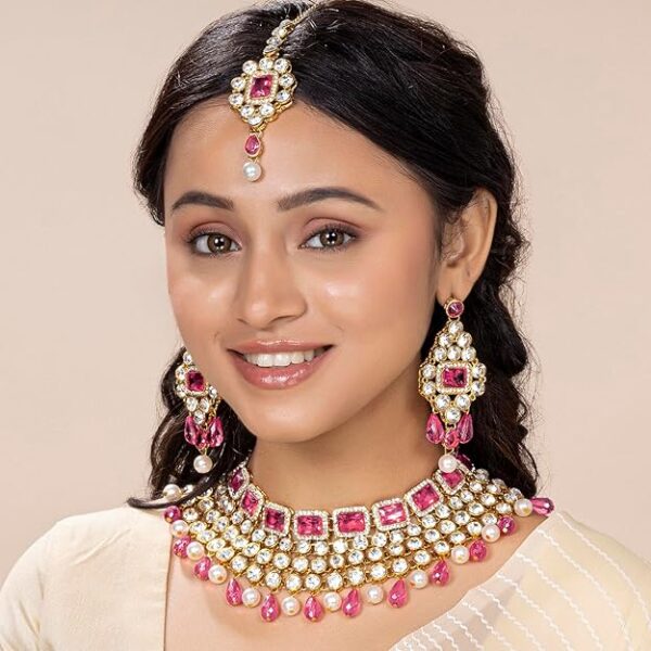 Peora Crystal Choker Necklace with Maang Tikka Earrings Indian Traditional Bridal Wedding Jewellery Set for Women - Image 6