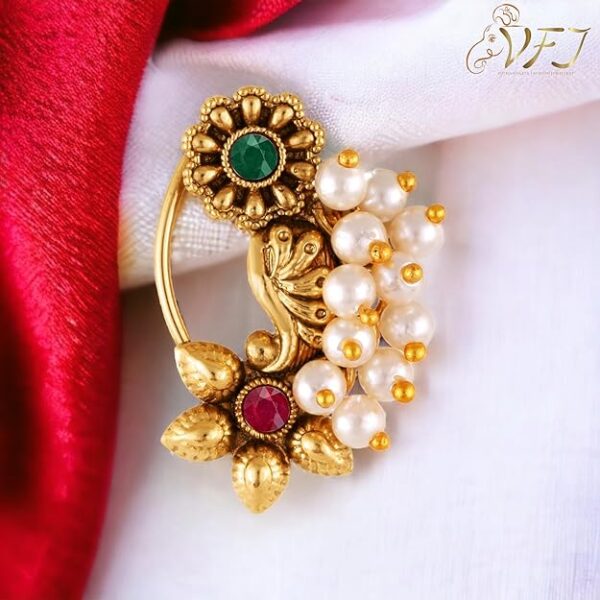 Vighnaharta Golden Moti Pearls Nath Nathiya nose pin Gold Plated Alloy two Nose Ring for woment [VFJ1134Red-1180NTH-Press-Multi] - Image 3