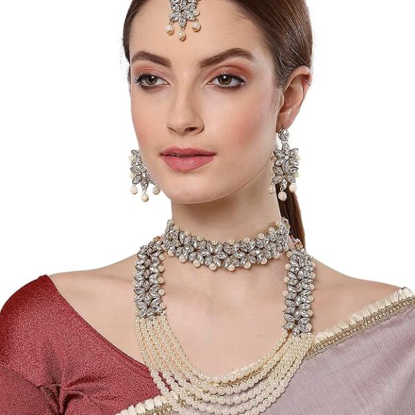 ZENEME Jewellery Sets for Women Gold Plated Bridal Long Necklace Set Neck Choker with Earrings and Maang Tikka for Women & Girls - Image 5