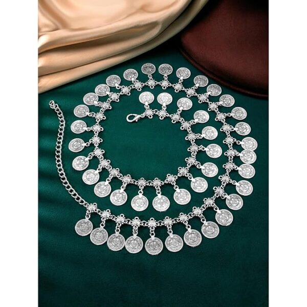 Peora Silver Plated Coin Tassel Kamarband Fancy Dress Belt Belly Chain Contemporary Jewellery for Women & Girls - Image 6