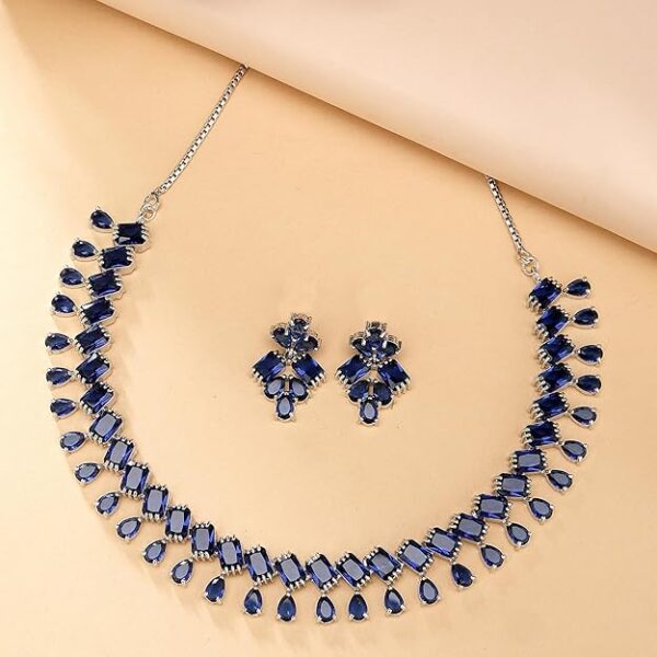 ZENEME Rhodium-Plated Silver Toned Pear Shaped American Diamond Studded Necklace with Earrings Jewellery Set with Girls and Women - Image 5