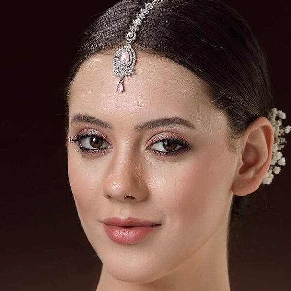 Zeneme Rhodium Plated Designer American Diamonad Tear Drop Crytal Studded Silver Toned Maang Tikka for Women and Gifts for Girls - Image 3