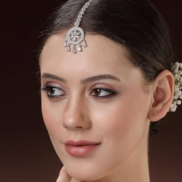 Zeneme Elegant Silver Plated Beautiful American Diamond & CZ Studded Crystal Maang Tikka for Women and Girls - Image 5