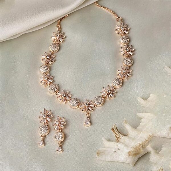 ZENEME Rhodium Plated Silver Toned White American Diamond Studded Necklace With Earring Jewellery Set For Woment and Girl - Image 6