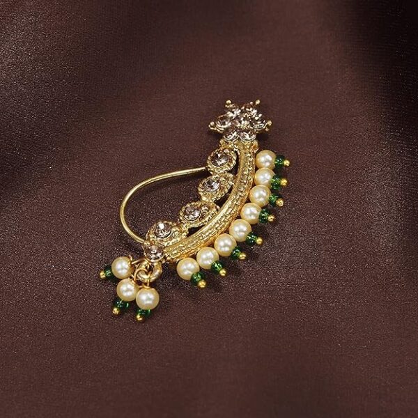 I Jewels 18k Gold Plated Traditional Ethnic Bridal Maharashtrian Nose Ring/Nath without piercing Encased with Pearl Stone for Women/Girls (NL45) - Image 3