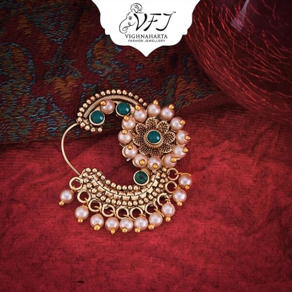 Vighnaharta Gold Plated Green Om shape Moti Pearls with and CZ stone Alloy Maharashtrian Cultural Nath Nathiya./ Nose Pin for women[VFJ1250NTH-TAR - Image 2