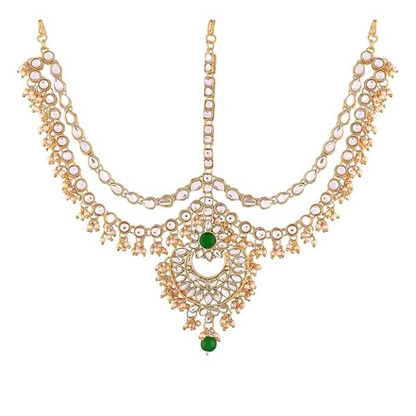 I Jewels Gold Plated Traditional Kundan & Pearl Matha Patti/Maang Tikka for Women (T2014)