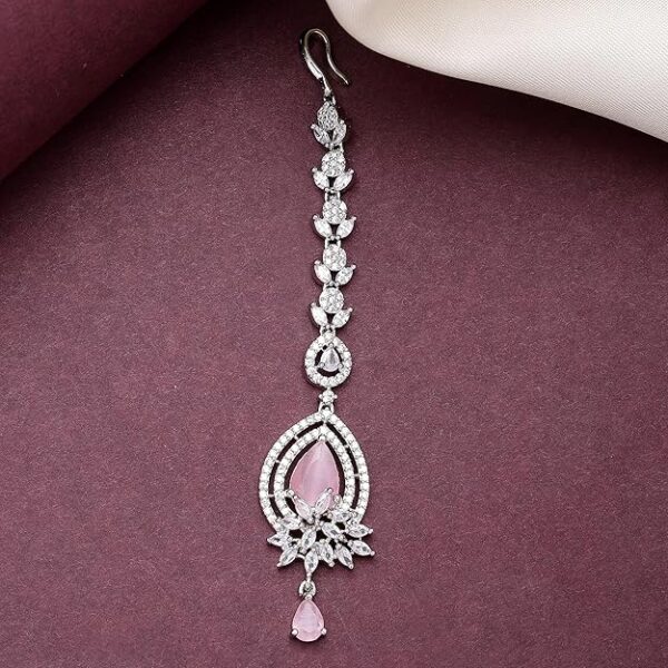 Zeneme Rhodium Plated Designer American Diamonad Tear Drop Crytal Studded Silver Toned Maang Tikka for Women and Gifts for Girls - Image 4