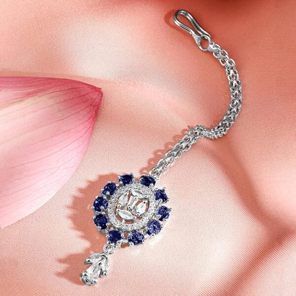 Rubans Rhodium-Plated Blue Sapphire & White Cubic Zirconia Maang Tikka for Women & Girls – Perfect for Weddings & Festive Occasions - Image 4