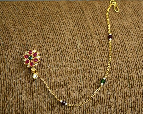 KYOOT JEWELS Traditional Gold-Plated Bridal Nath Cubic zirconia, Ruby Stone & Emerald Studded Gold Chain Non-Pierced Clip-on Nathiya For Women and Girls - Image 3